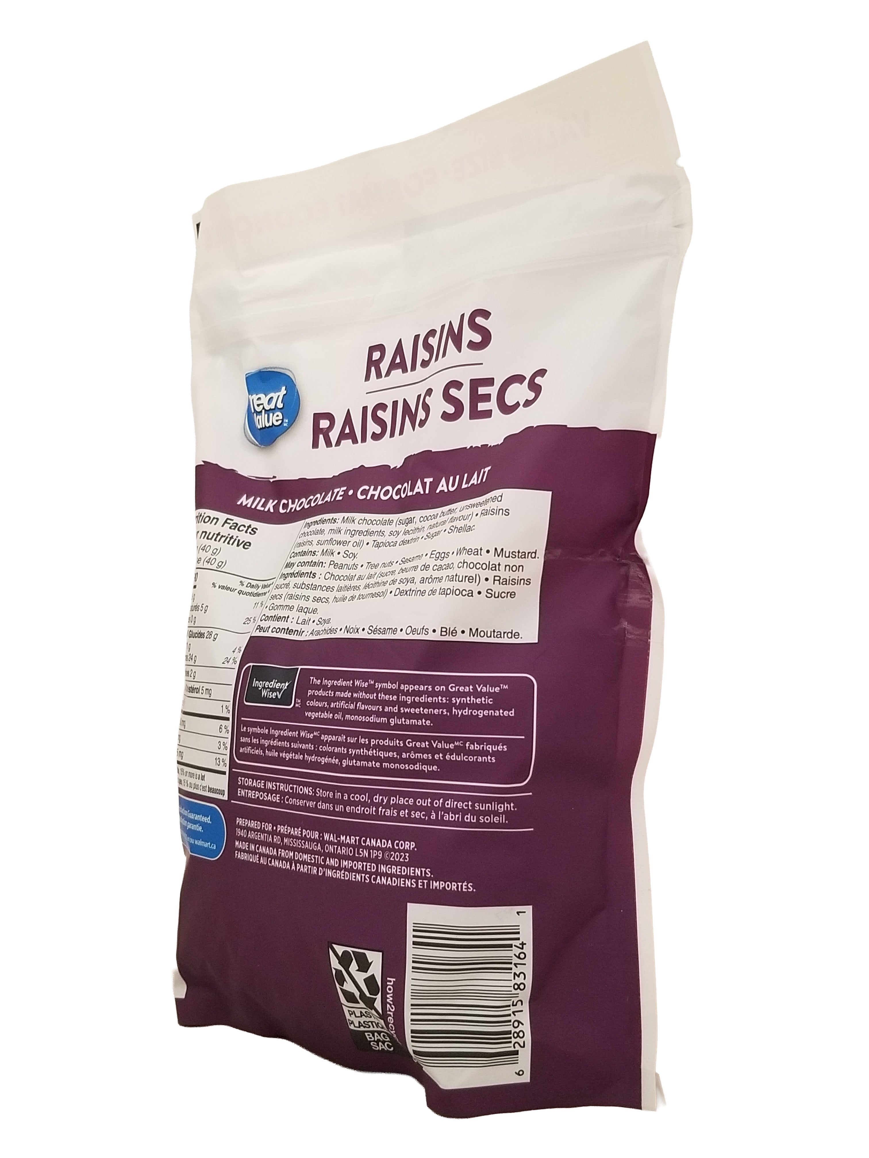 Bag of Great Value Milk Chocolate Covered Raisins, 908g package on a white background