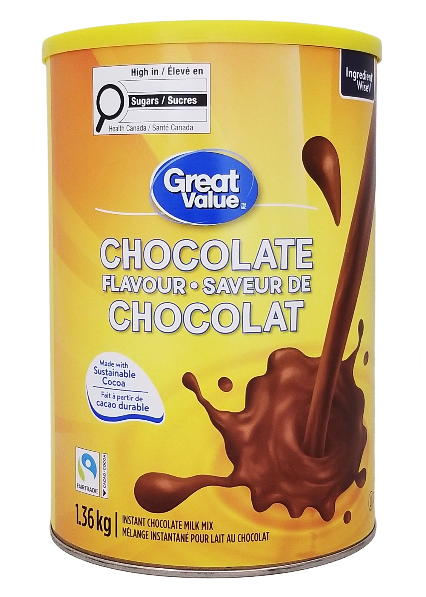 Great Value chocolate-flavored instant milk mix, 1.36kg can on a white background
