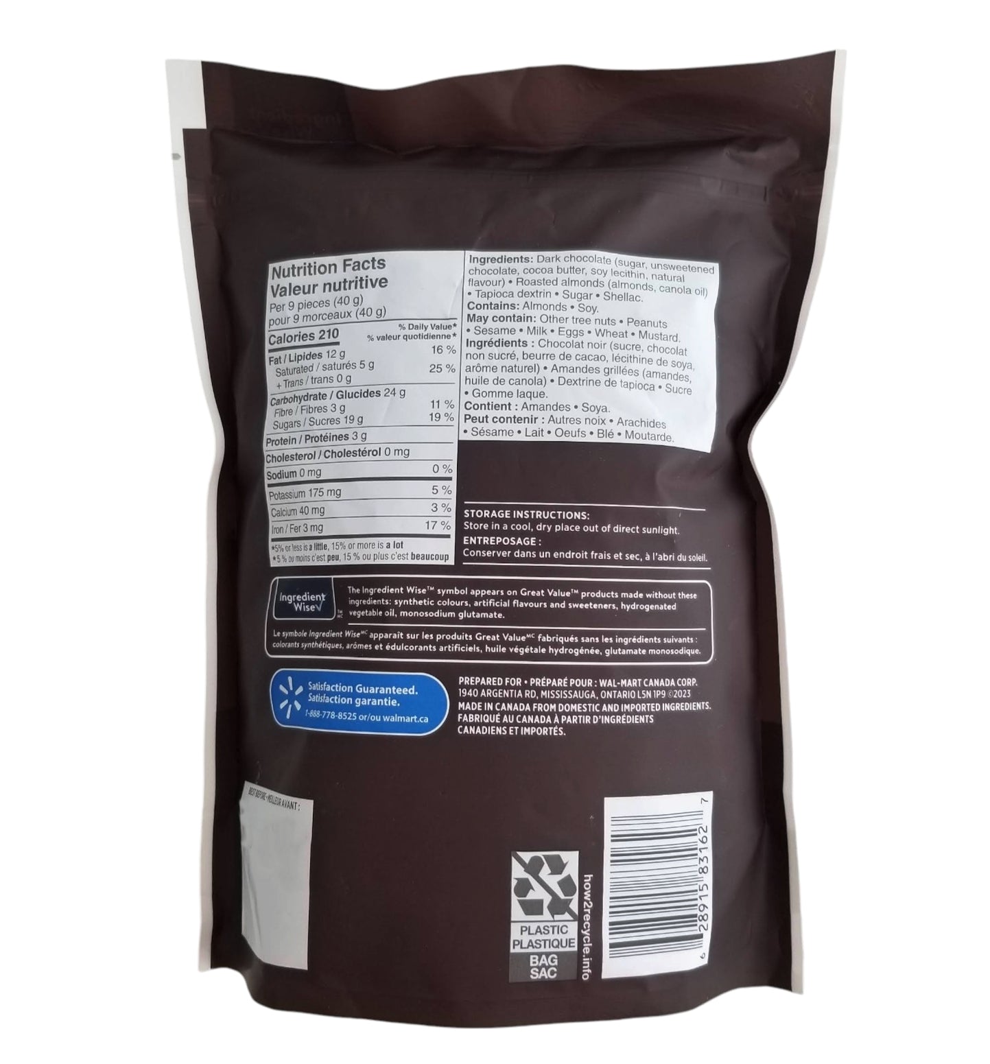 Great Value Dark Chocolate Almonds back