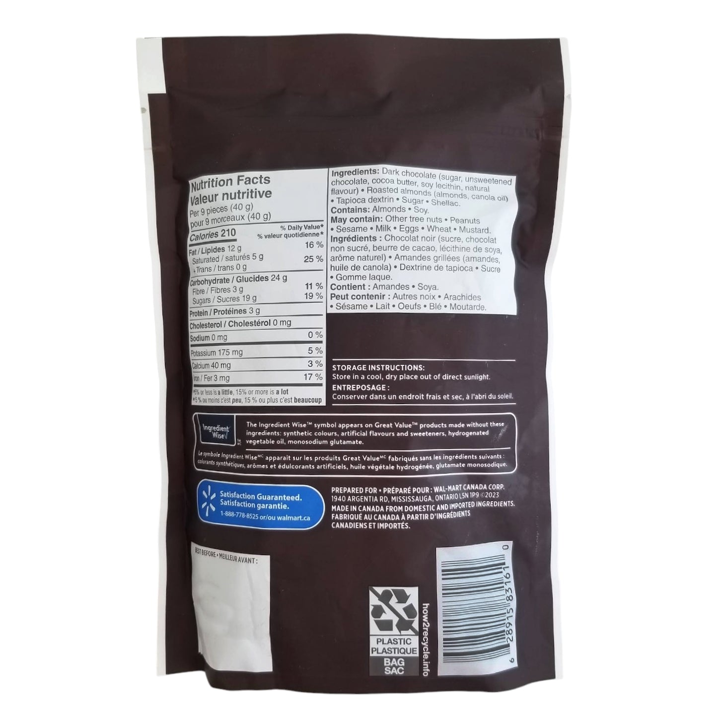 Great Value Dark Chocolate Almonds back