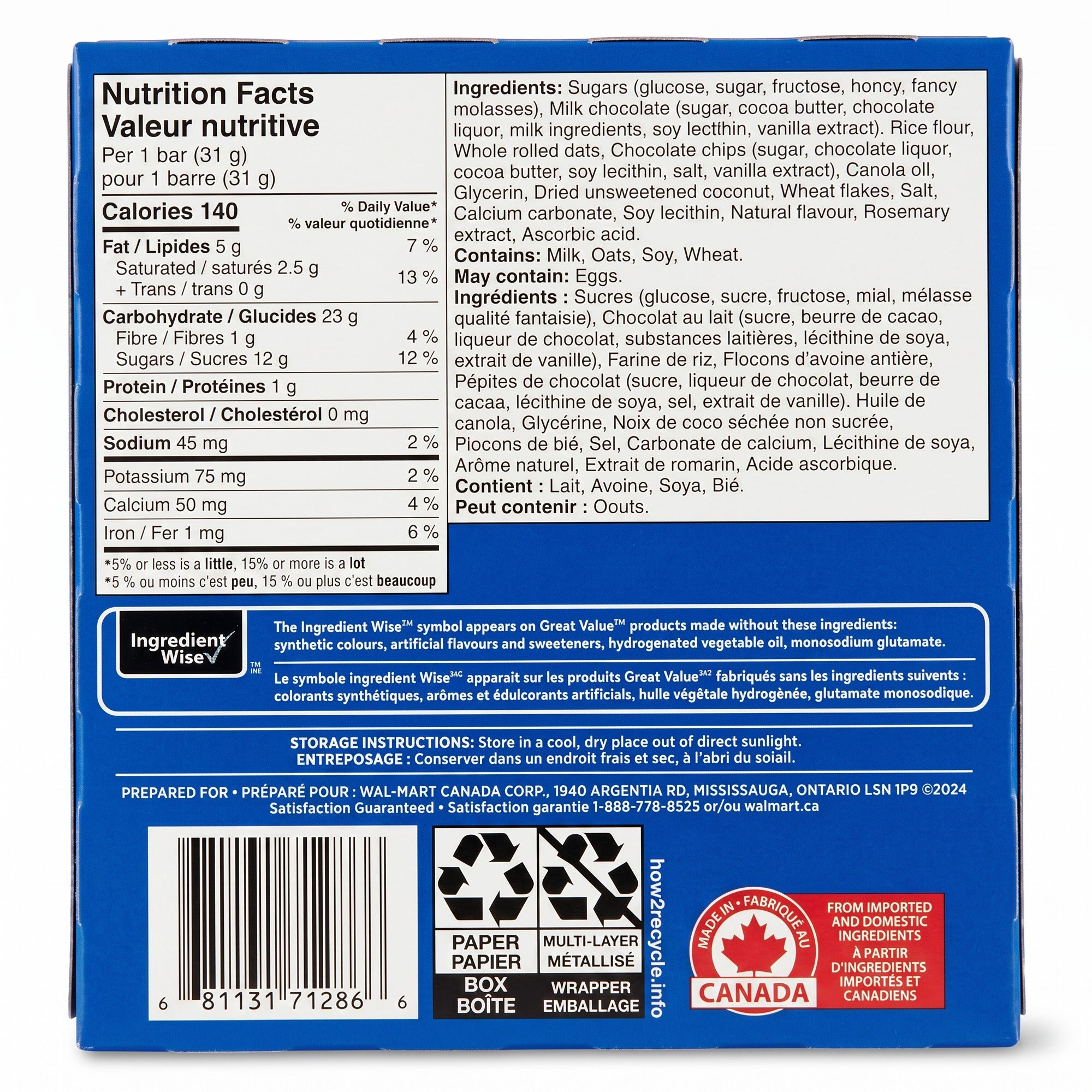 Great Value Dipped Chocolate Chip Granola Bars, 6 Bars – 187g (6.6 oz)