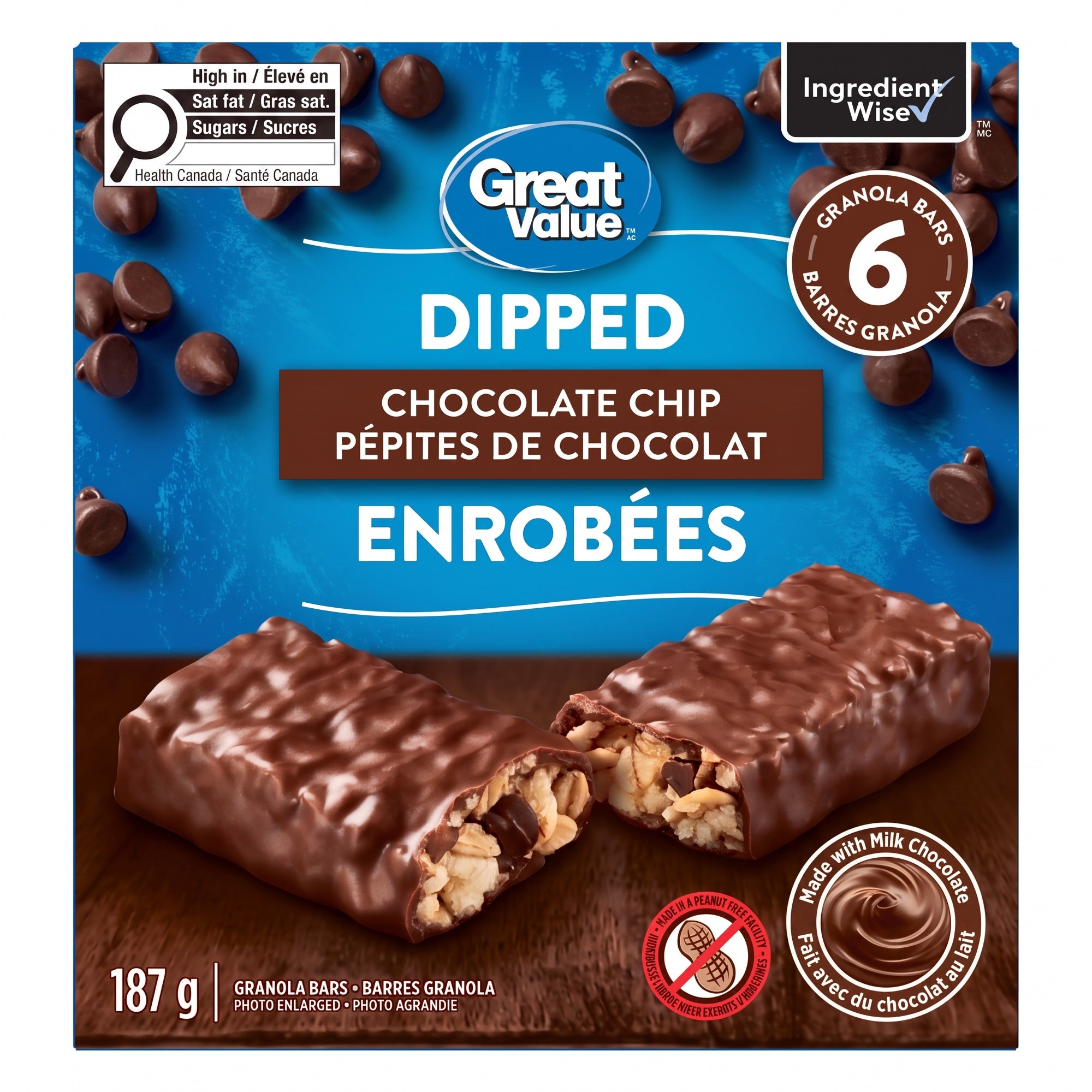 Great Value Dipped Chocolate Chip Granola Bars, 6 Bars – 187g (6.6 oz)