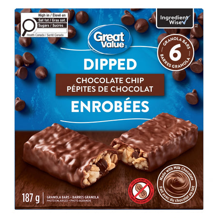 Great Value Dipped Chocolate Chip Granola Bars, 6 Bars – 187g (6.6 oz)