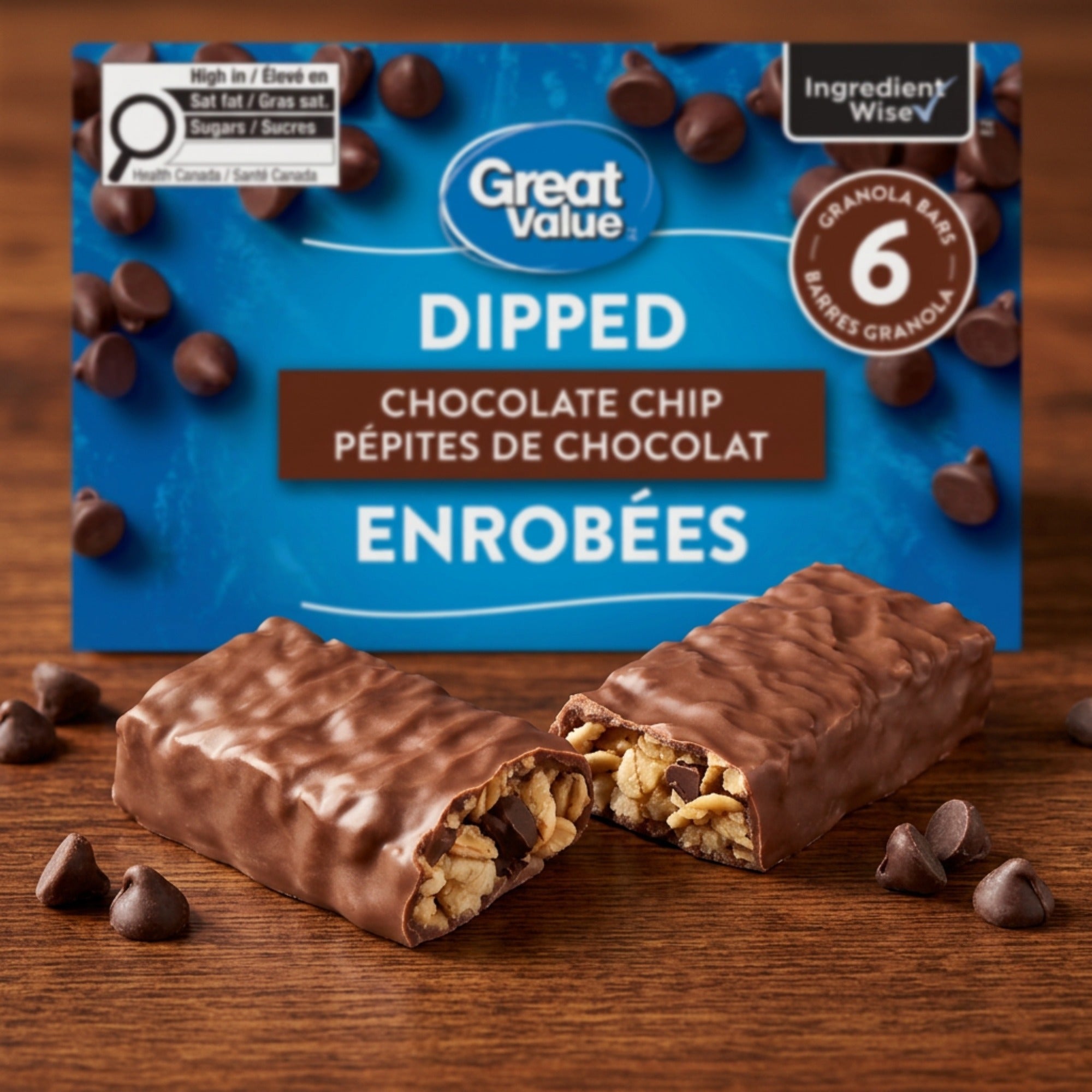 Great Value Dipped Chocolate Chip Granola Bars, 6 Bars – 187g (6.6 oz)
