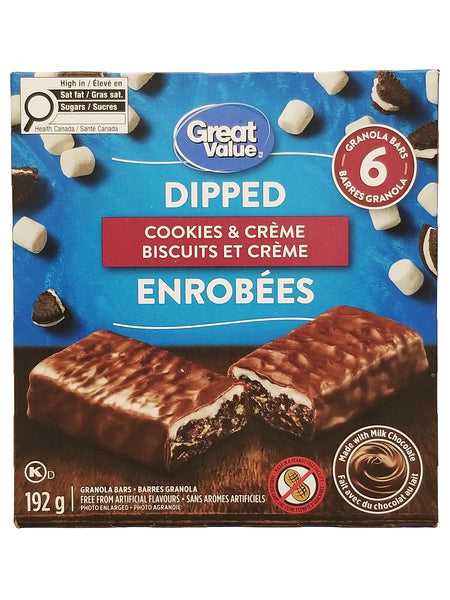 Great Value Dipped Cookies & Creme Granola Bars packaging with a blue background