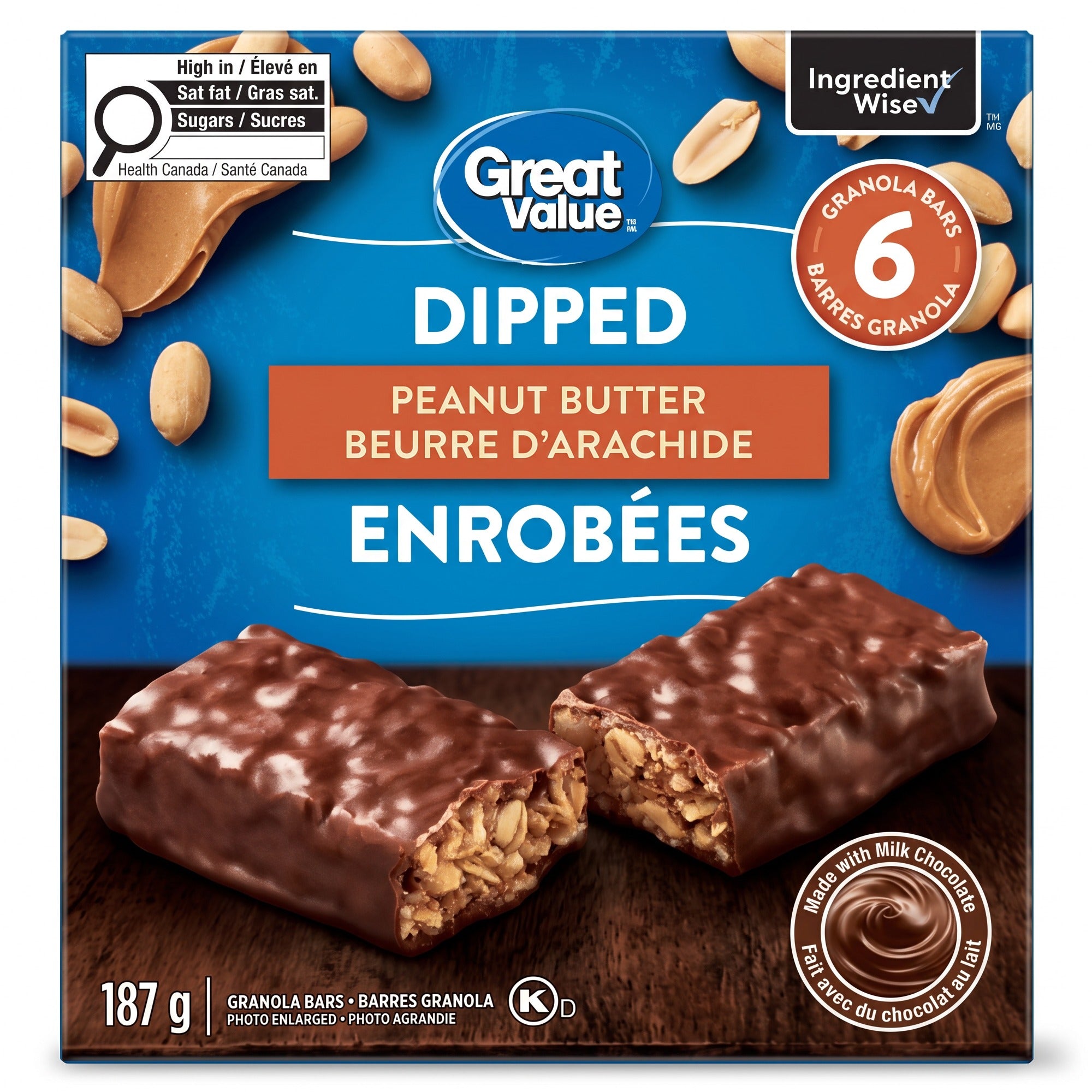 Great Value Dipped Peanut Butter Granola Bars, 6 Bars – 187g (6.6 oz)
