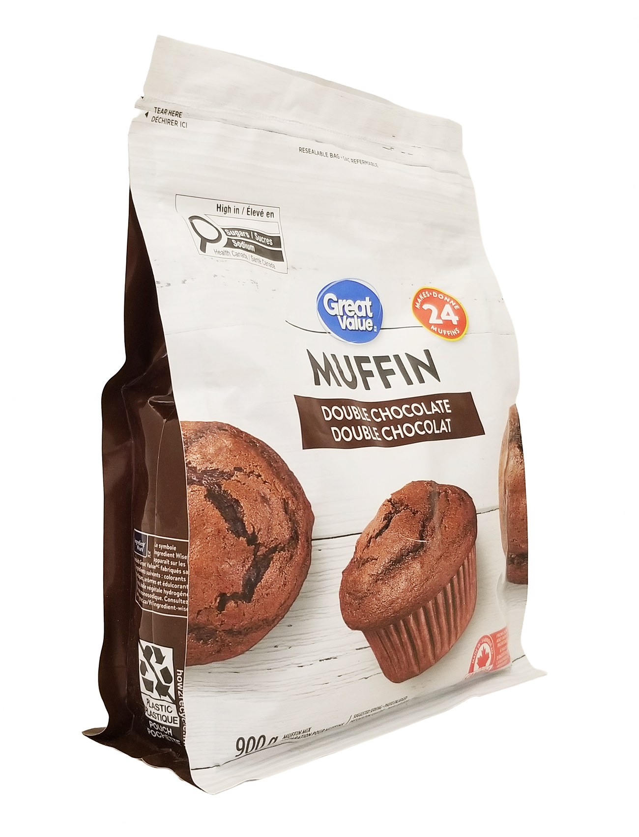 Side of a Great Value Double Chocolate Muffin Mix, Makes 24 Muffins - 900g package on a white background
