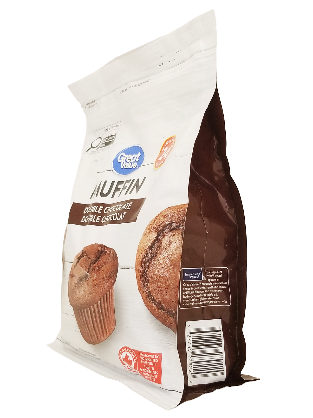 Side of Great Value Double Chocolate Muffin Mix, Makes 24 Muffins - 900g package on a white background