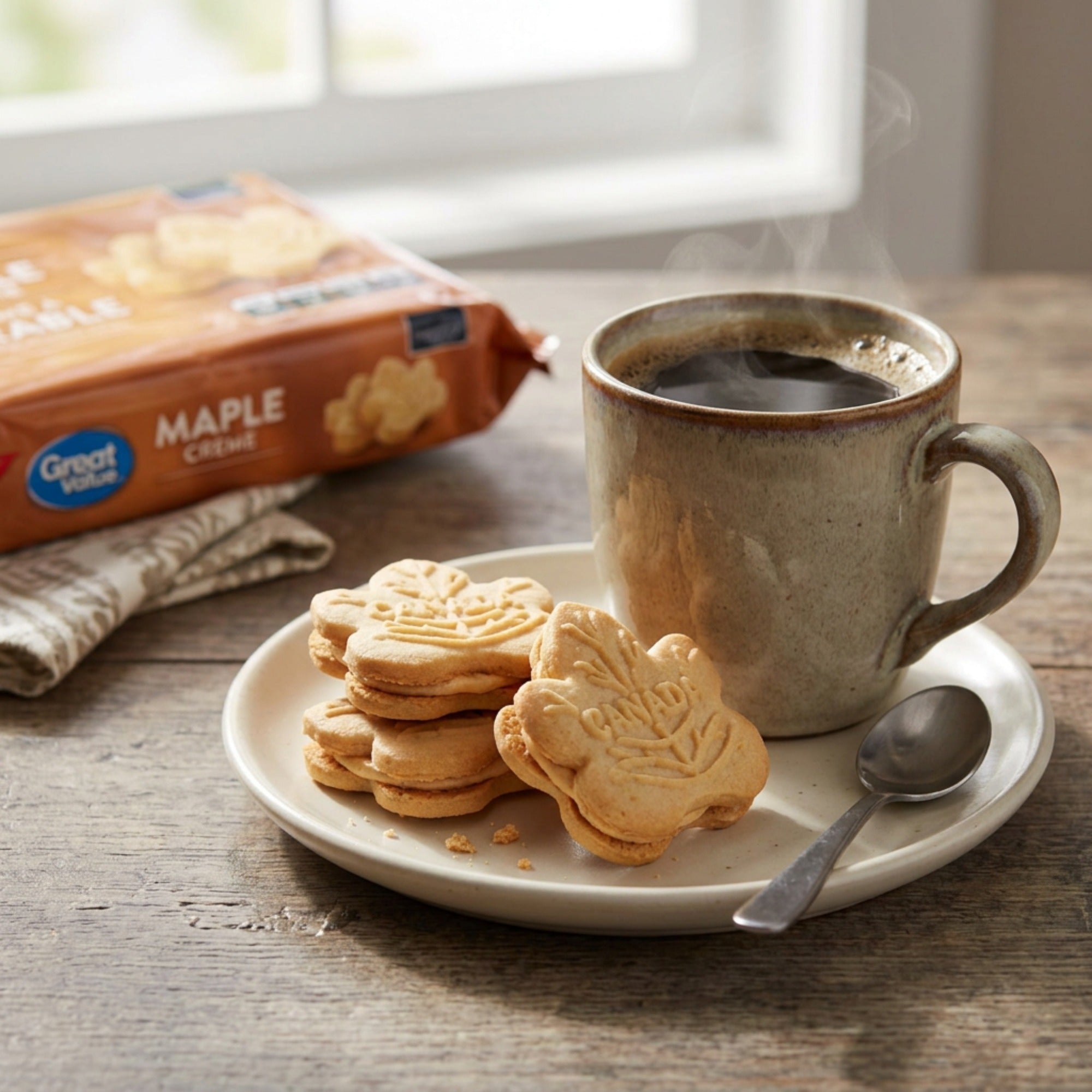 Great Value Maple Creme sandwich cookies on a saucer beside a steaming mug of coffee, with the package in the background.