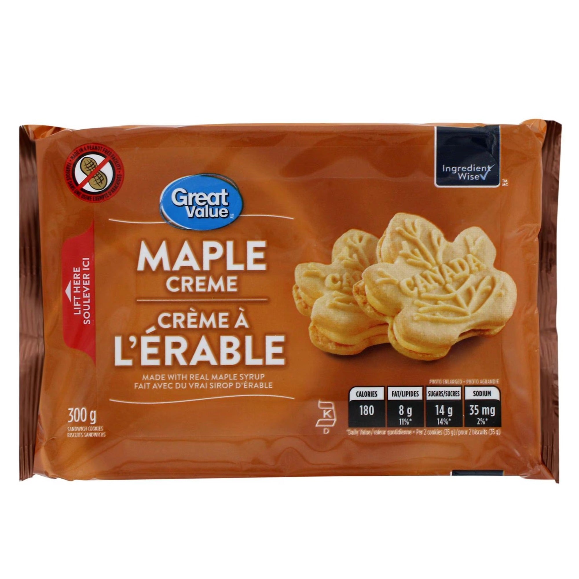 Great Value Maple Creme sandwich cookies, 300 g package showing maple-leaf-shaped cookies and bilingual labeling.