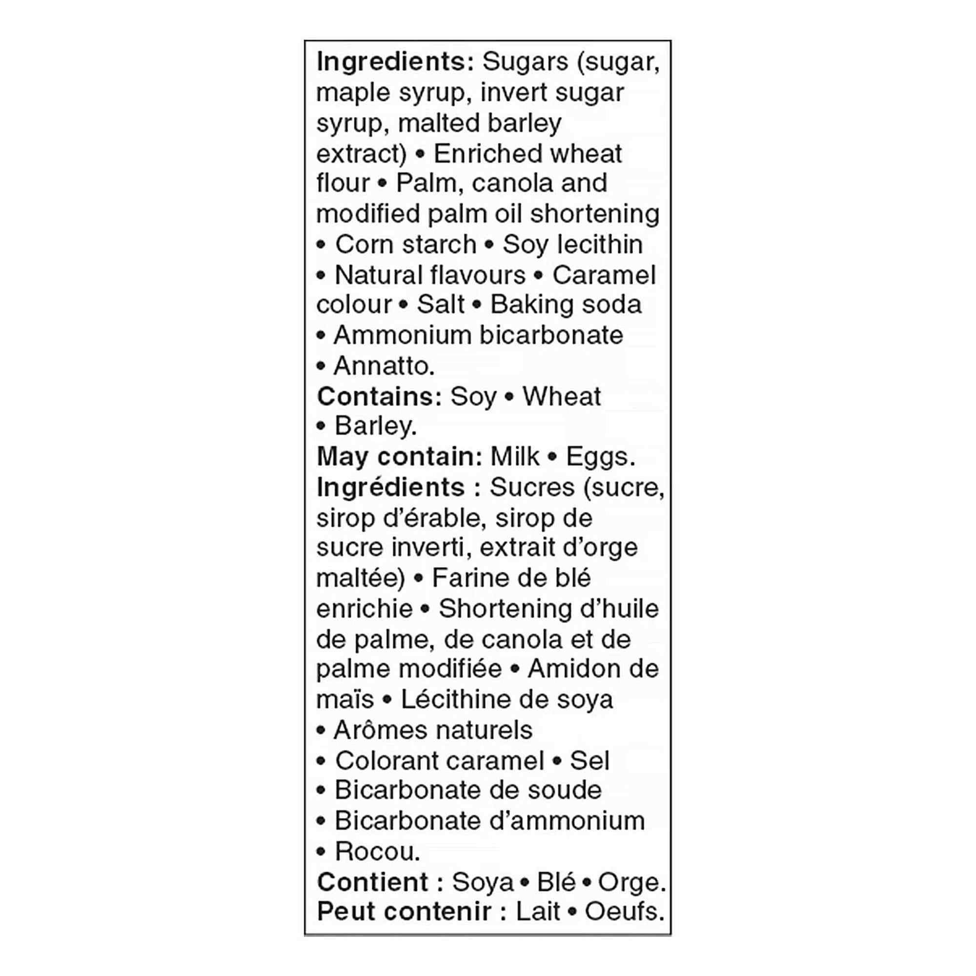 Great Value Maple Creme Cookies bilingual ingredients label: contains soy, wheat, and barley; may contain milk and eggs.