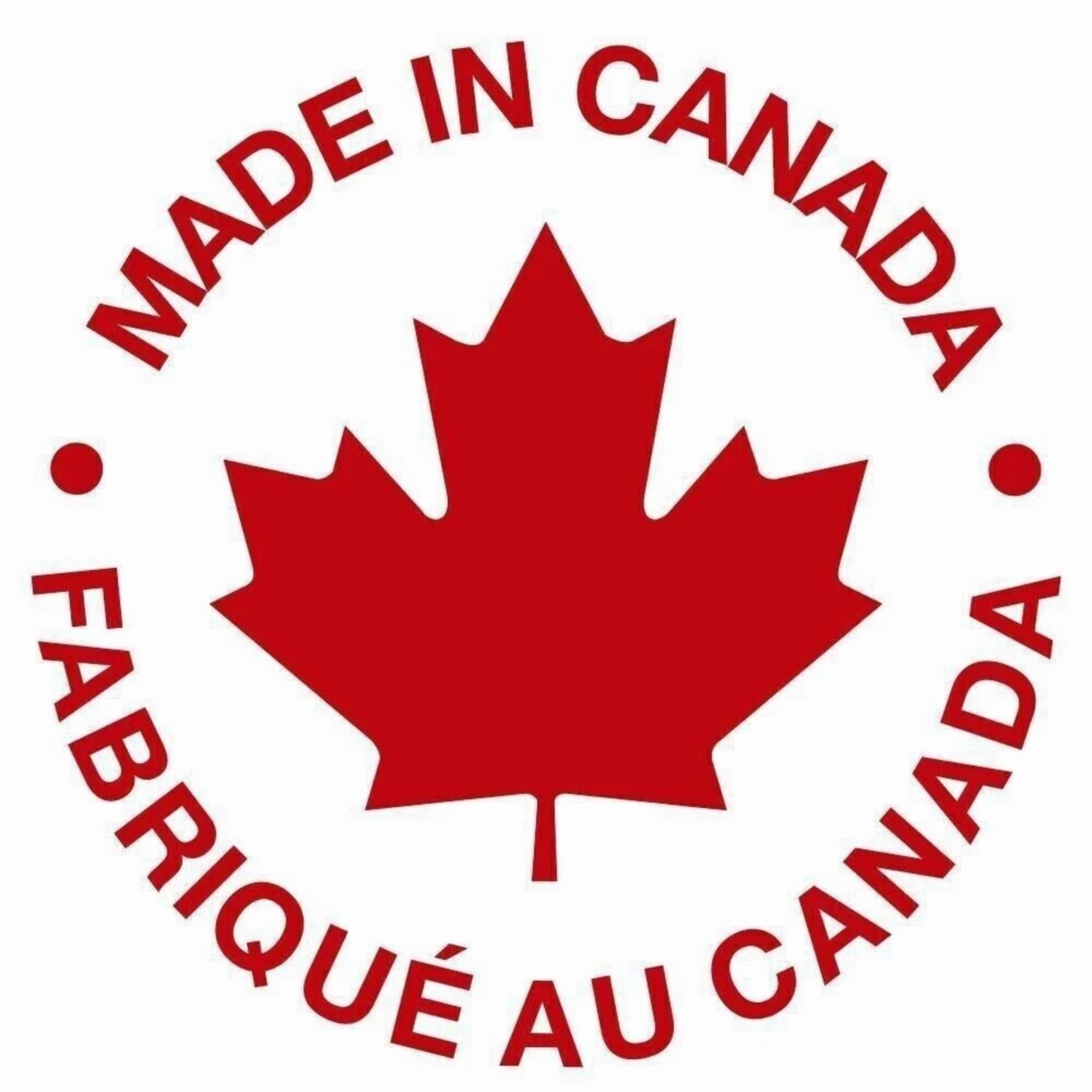 Red maple leaf surrounded by ‘Made in Canada’ text in English and French.