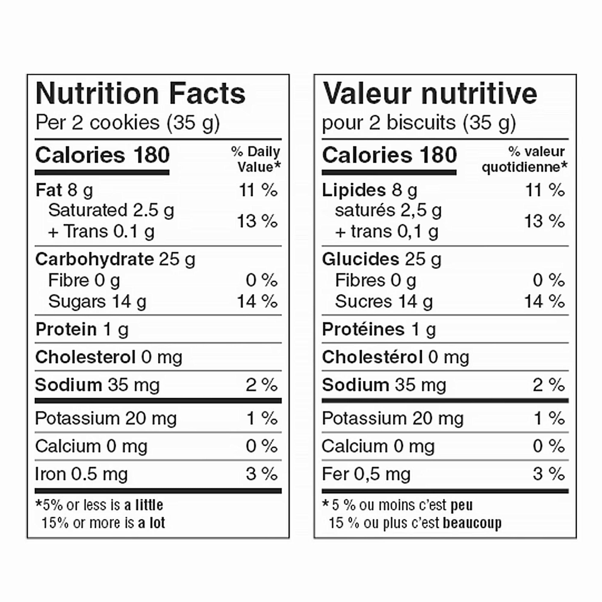 Great Value Maple Creme Cookies bilingual nutrition label showing 180 calories per two cookies, 35 g.
