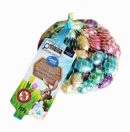 Bag of Great Value Milk Chocolate Easter Eggs 310g on a white background