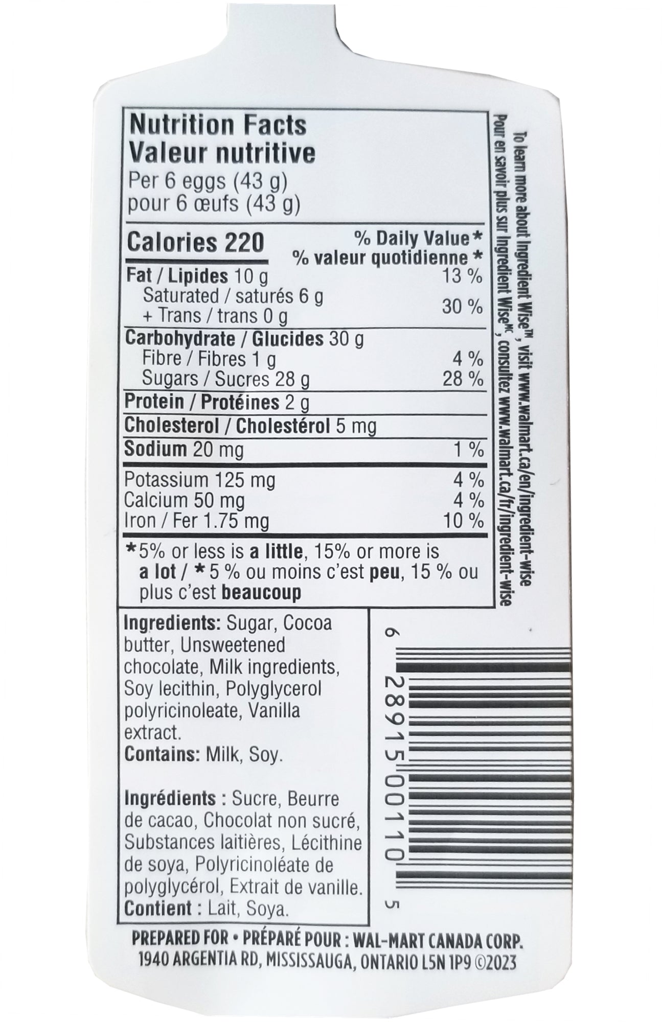 Back view of a Great Value Milk Chocolate Easter Eggs 310g packaging showing nutrition facts label 