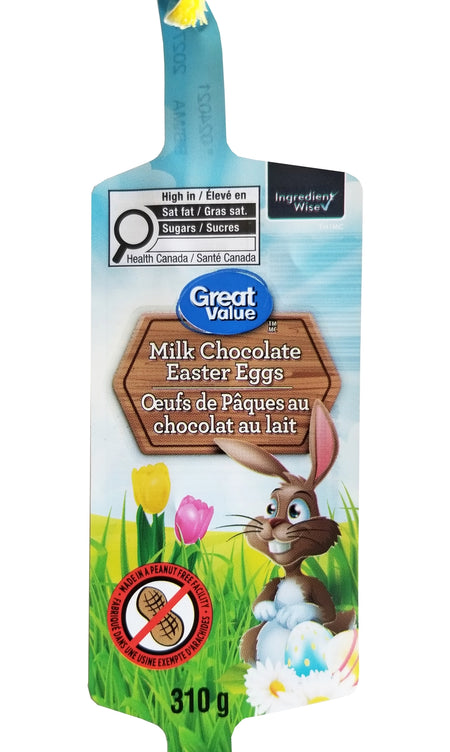 Great Value Milk Chocolate Easter Eggs 310g packaging with a bunny illustration on a white background