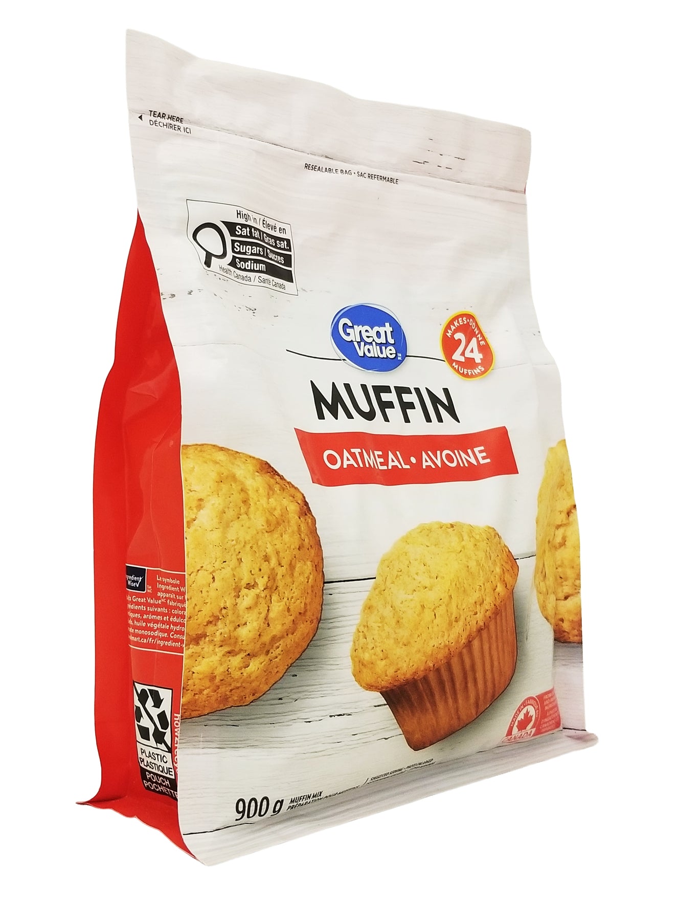 Great Value Oatmeal Muffin Mix, Makes 24 Muffins - 900g packaging on a white background