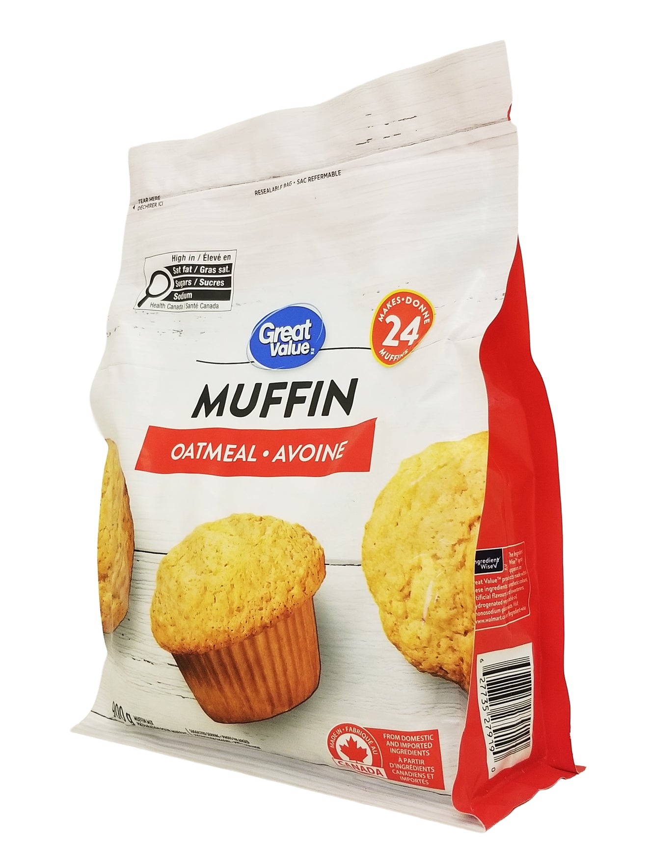 Great Value Oatmeal Muffin Mix, Makes 24 Muffins - 900g package on a white background