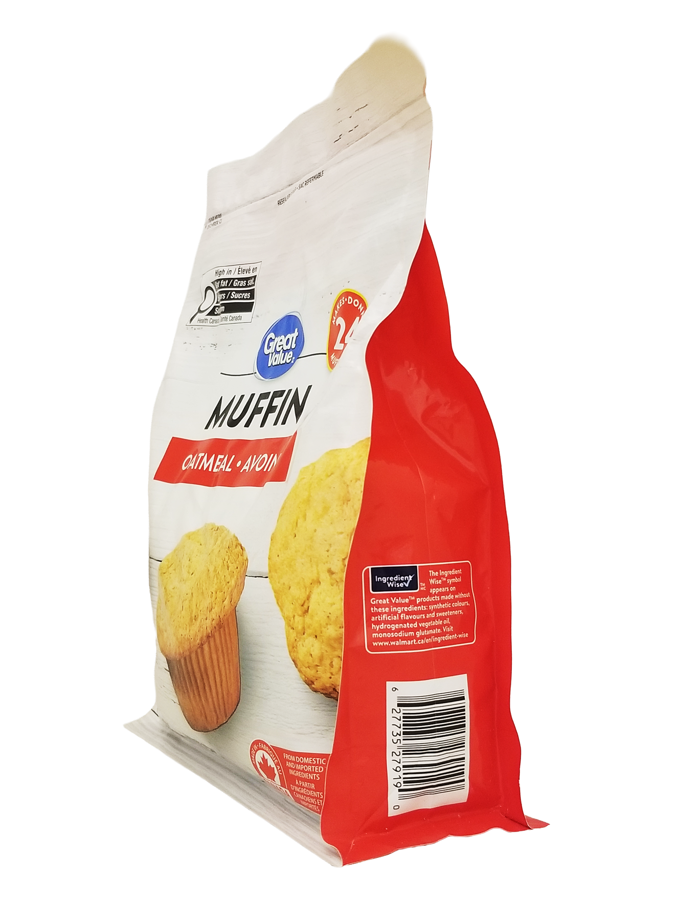 Great Value Oatmeal Muffin Mix, Makes 24 Muffins - 900g package with red and white design on a white background