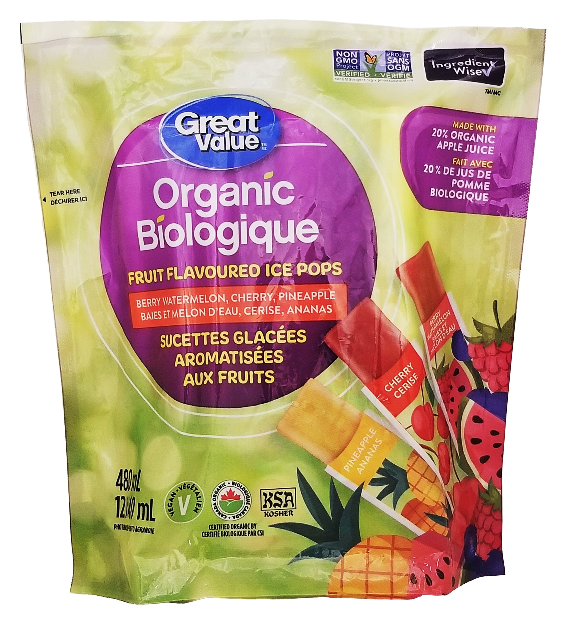 Great Value Organic Fruit Ice Pops 12-Pack 480ml front view alternate angle