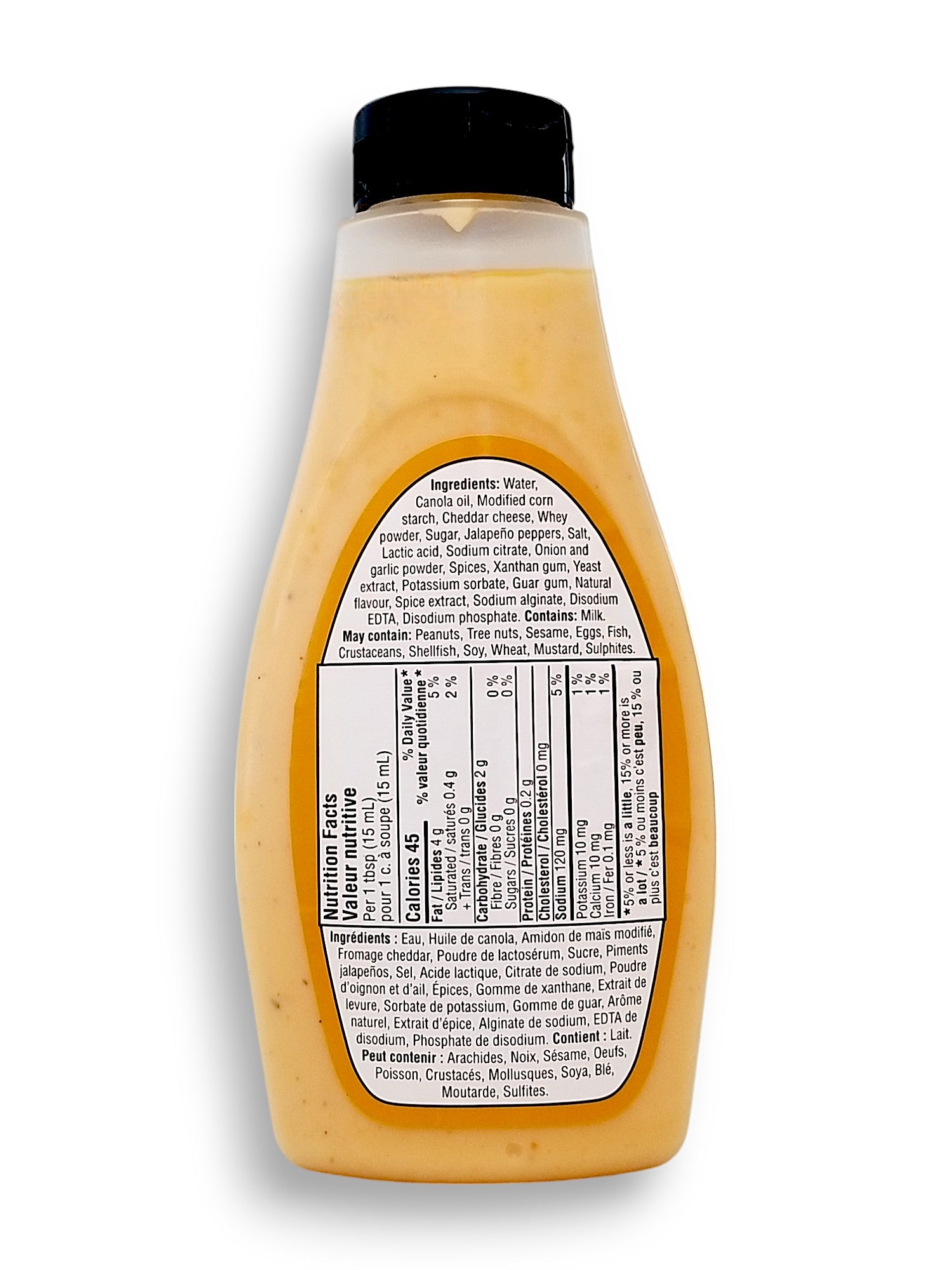 Great Value Queso With Jalapeno Crema Sauce, 250g/8.8 oz., Squeeze Bottle, back of bottle.