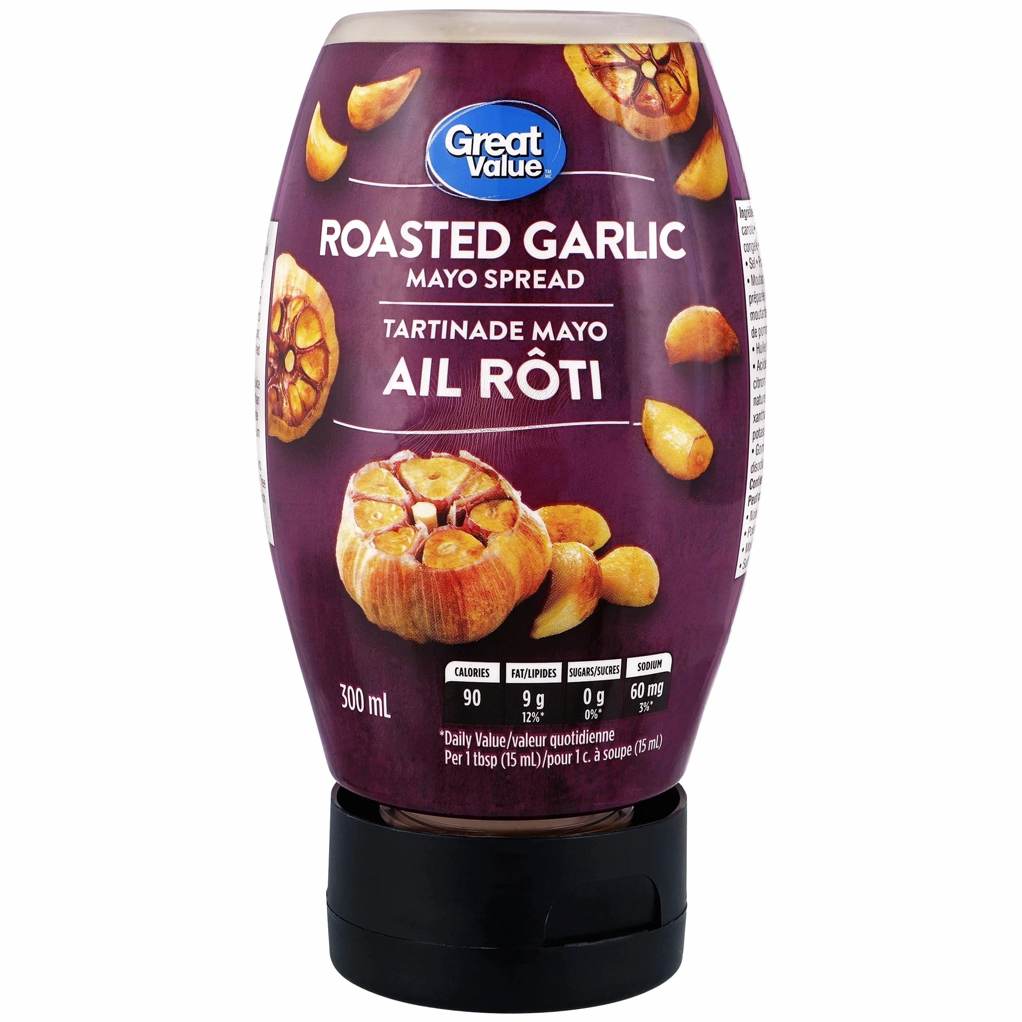 Great Value Roasted Garlic Mayo Spread 300ml bottle on a white background