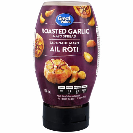 Great Value Roasted Garlic Mayo Spread 300ml bottle on a white background