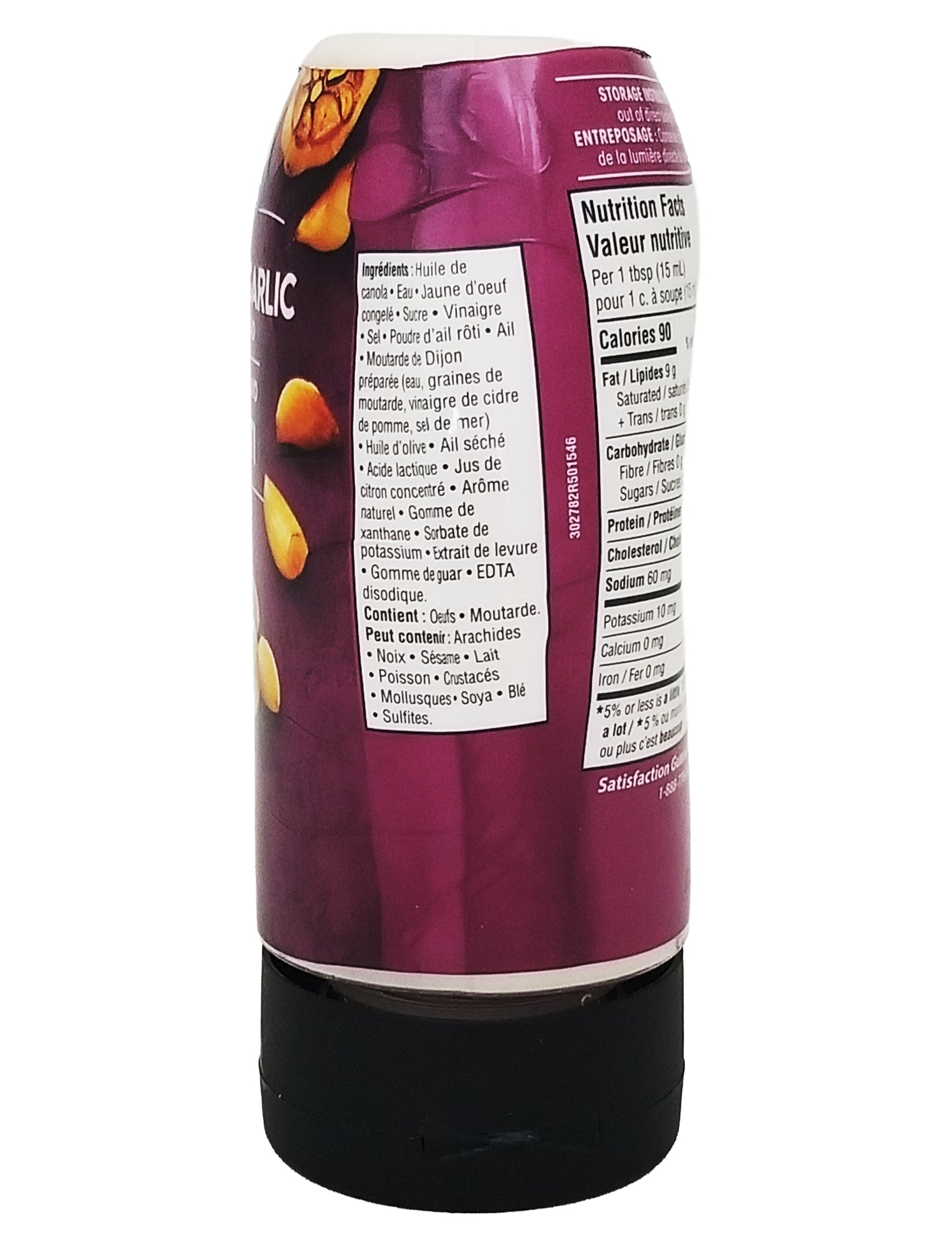 Bottle of a Great Value Roasted Garlic Mayo Spread 300ml with nutritional label on a white background