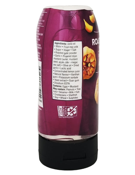 Side view of a Great Value Roasted Garlic Mayo Spread 300ml bottle with text and images on a white background