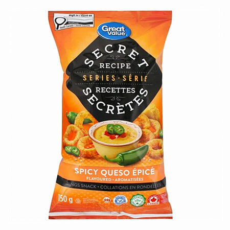 Great Value Secret Recipe Spicy Queso Ring Snacks 150g front of bag gluten free