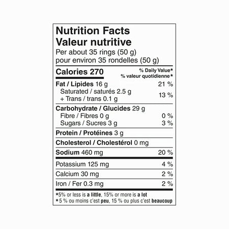 Great Value Spicy Queso Ring Snacks nutrition facts panel 270 calories per serving 150g