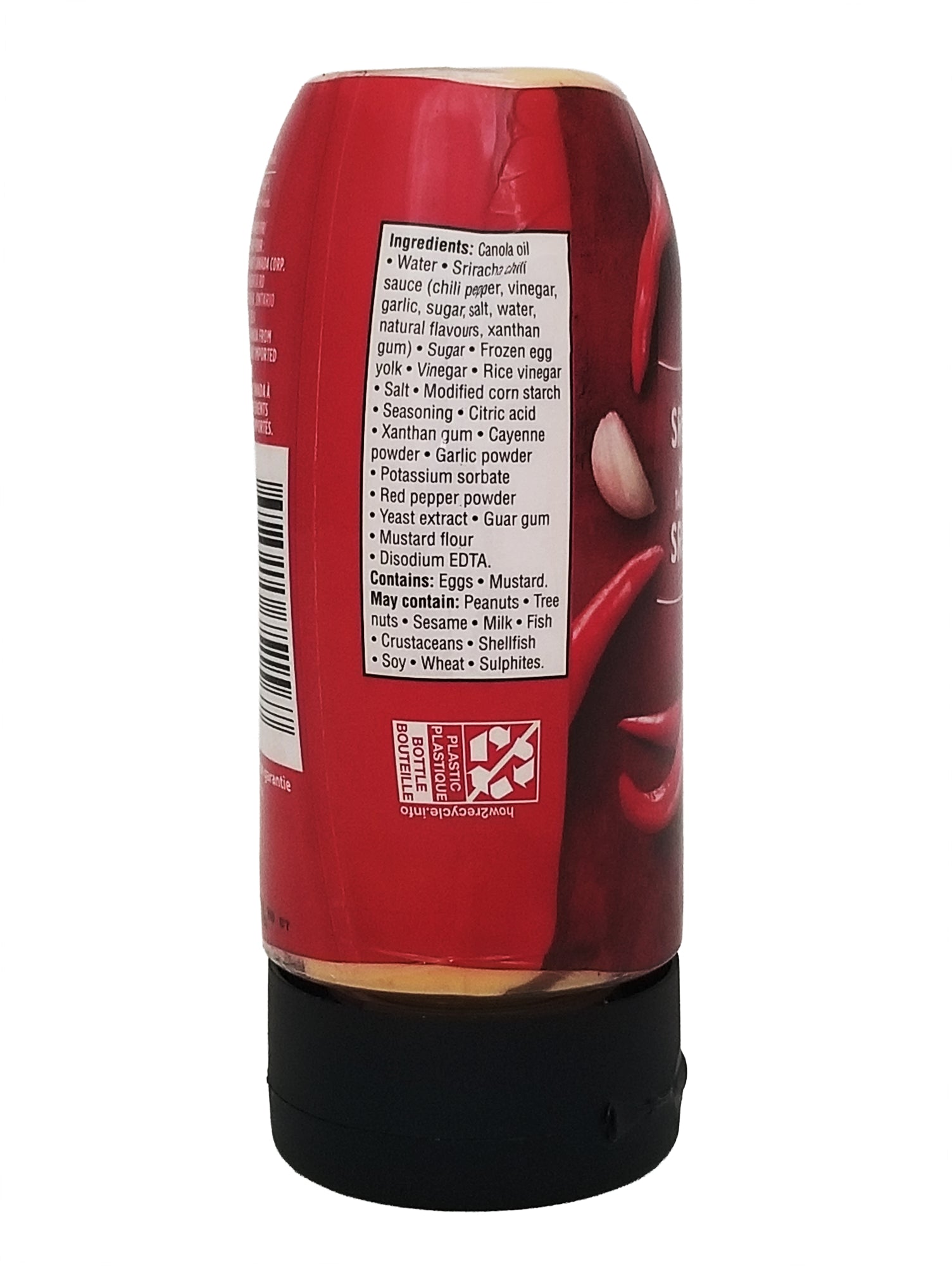 Red Great Value Sriracha Mayo Spread 300ml bottle with a label on a white background