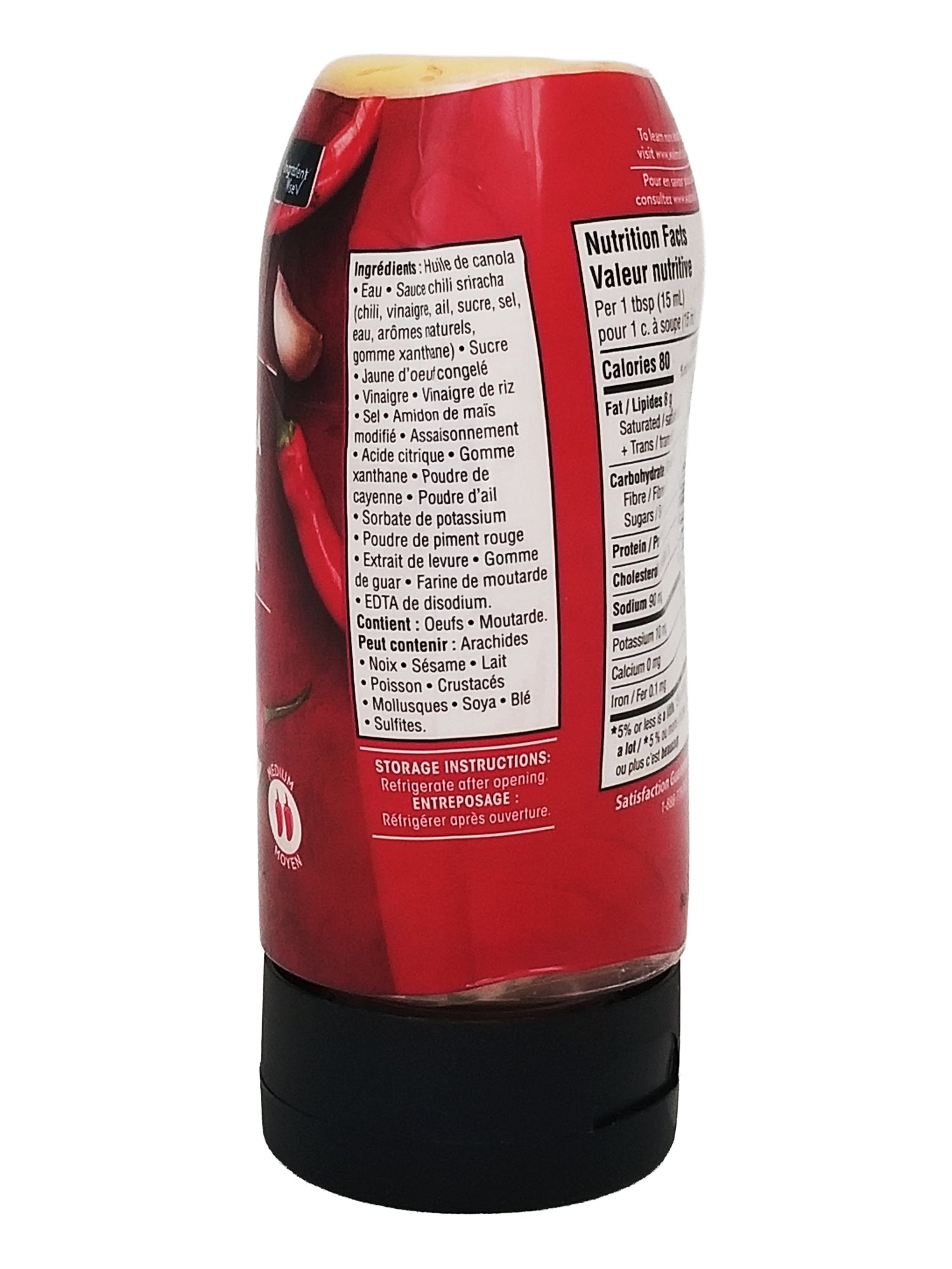 Red Great Value Sriracha Mayo Spread 300ml container with nutritional information on a white background