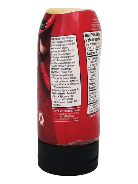 Red Great Value Sriracha Mayo Spread 300ml container with nutritional information on a white background