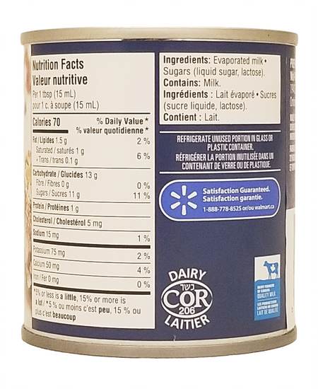 Back of Great Value Sweetened Condensed Milk - 300ml with nutrition facts and ingredients listed, featuring the Dairy Cor Laitier logo.