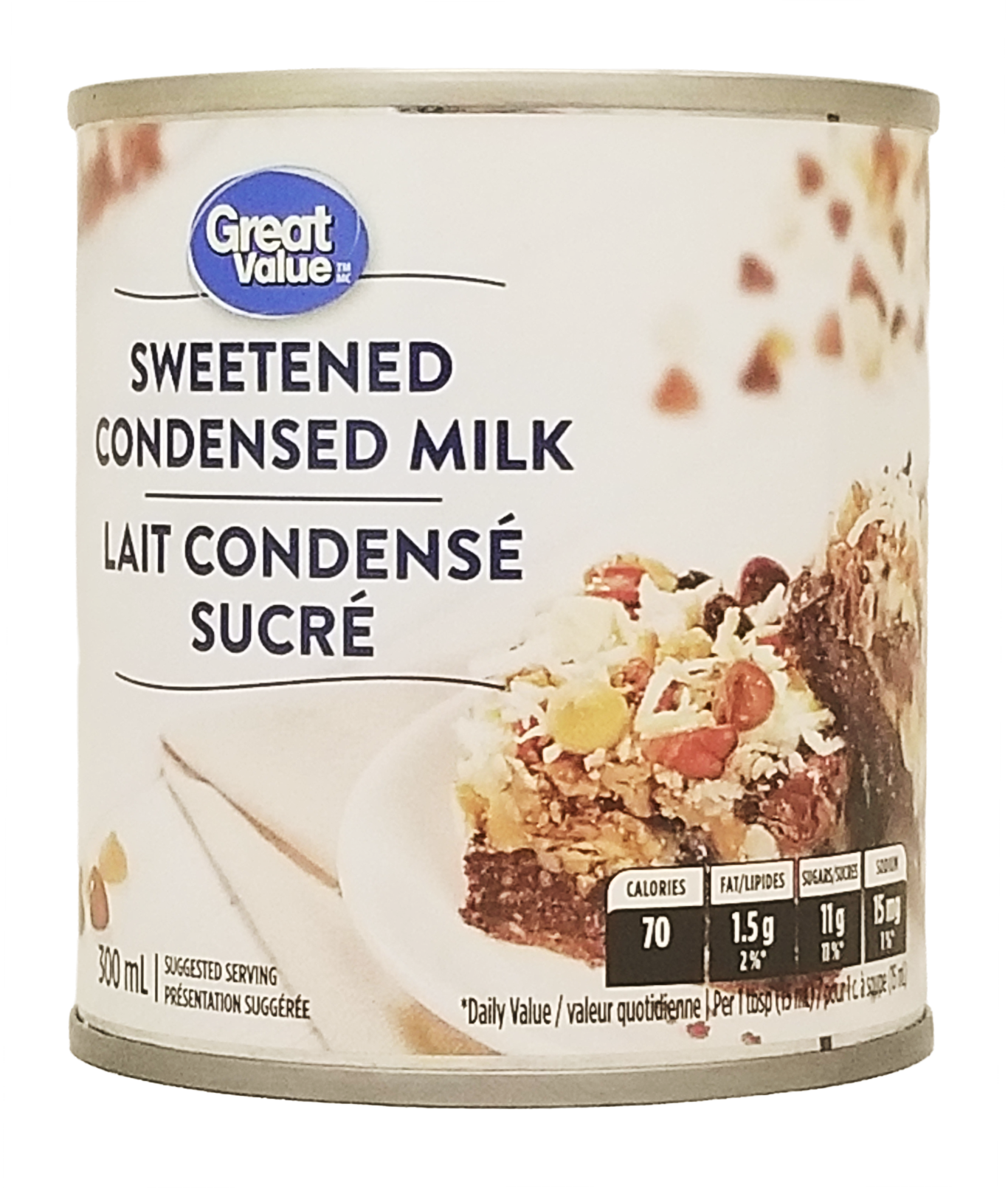 Can of Great Value Sweetened Condensed Milk with a dessert image on the label