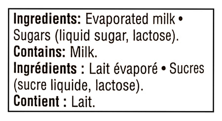 Ingredients label for Great Value Sweetened Condensed Milk - 300ml with text about evaporated milk and sugars, including a note about milk content.