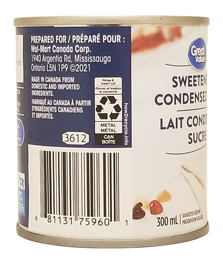 Can of Great Value sweetened condensed milk with label on a white background