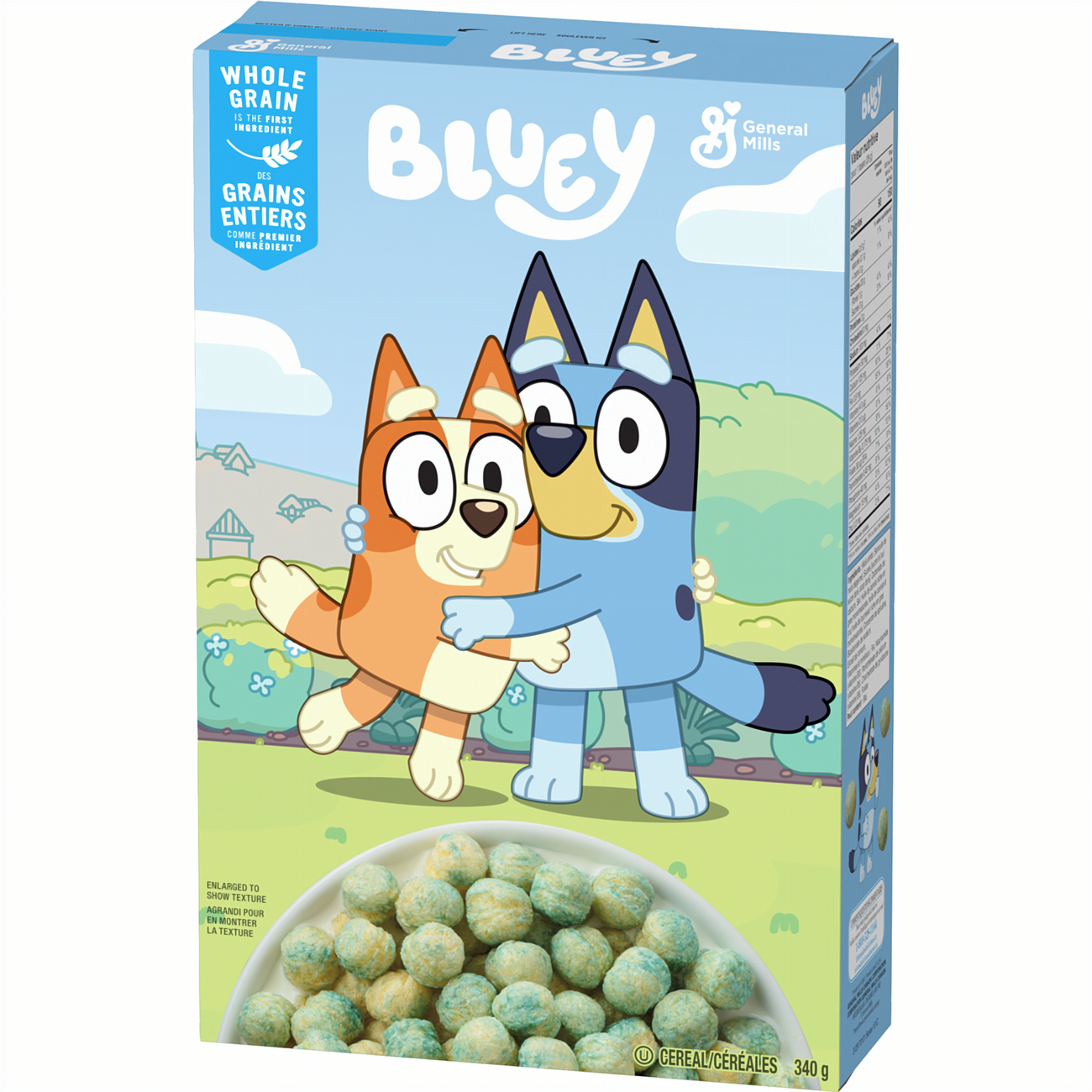 General Mills Bluey Cereal, 340g/12 oz, Front - Box of Bluey cereal with cartoon characters on a white background