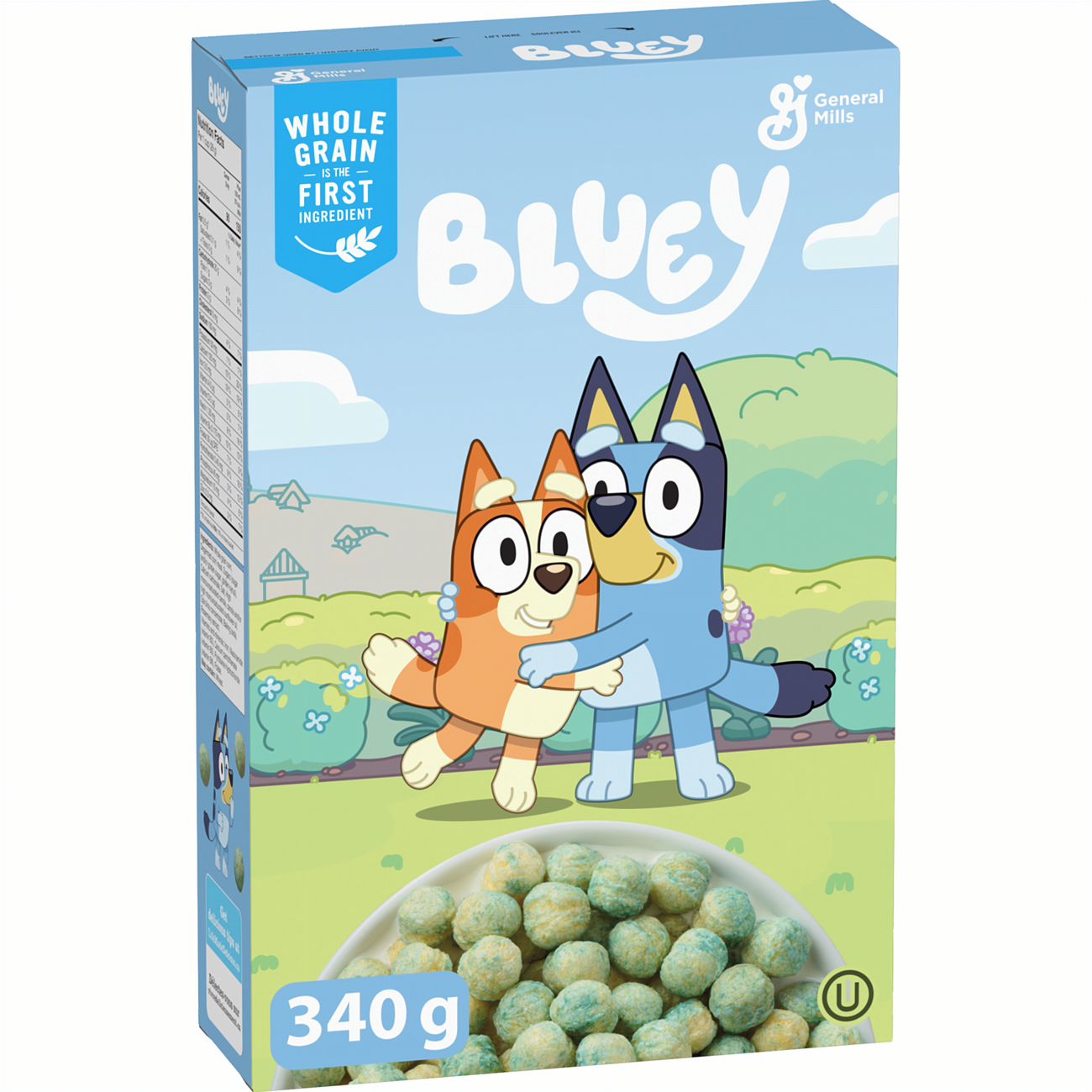 General Mills Bluey Cereal, 340g/12 oz, Front - Box of Bluey cereal with cartoon characters on a blue sky background
