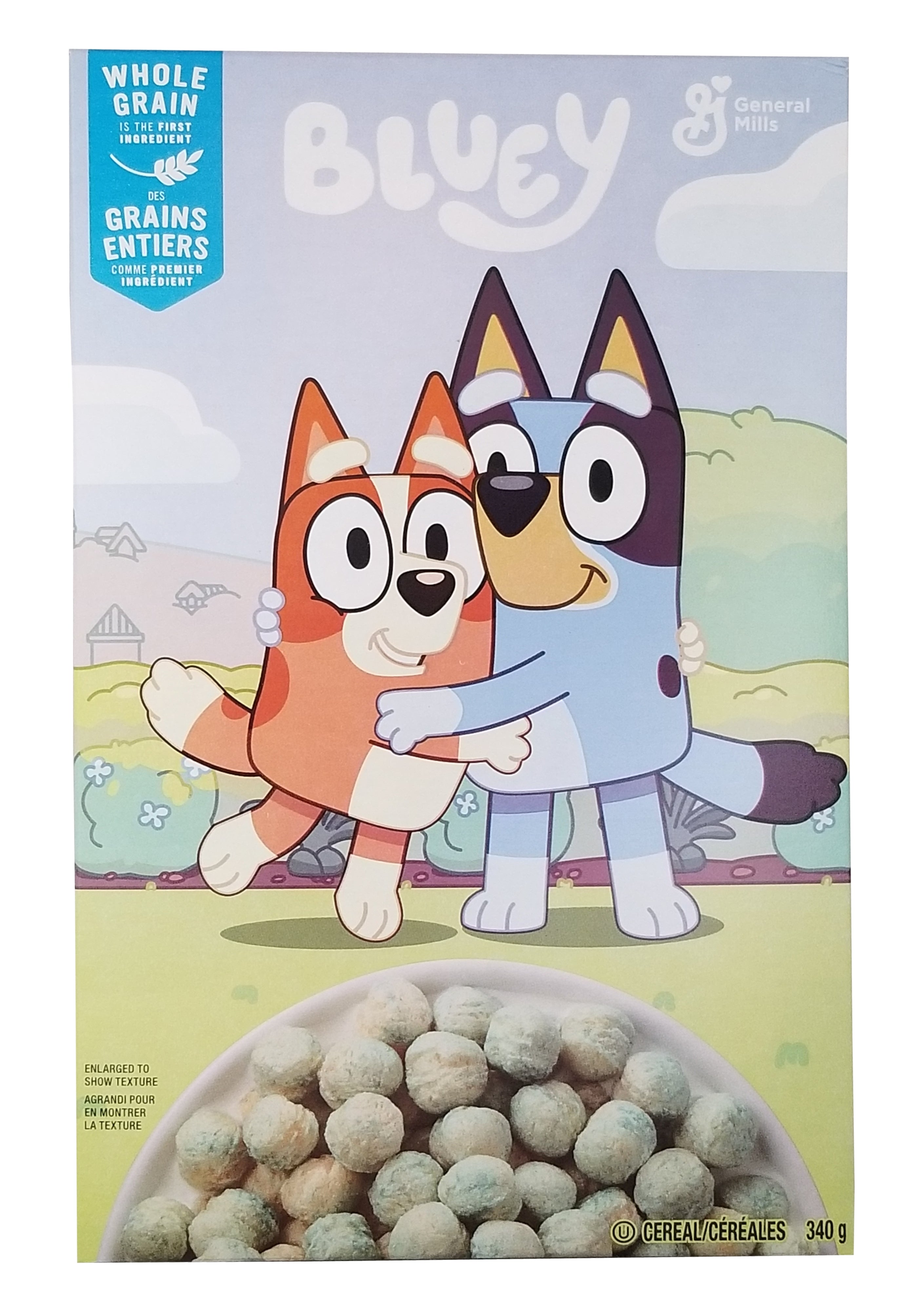General Mills Bluey Cereal, 340g/12 oz, Front - Cereal box featuring cartoon characters and a bowl of cereal on a colorful background