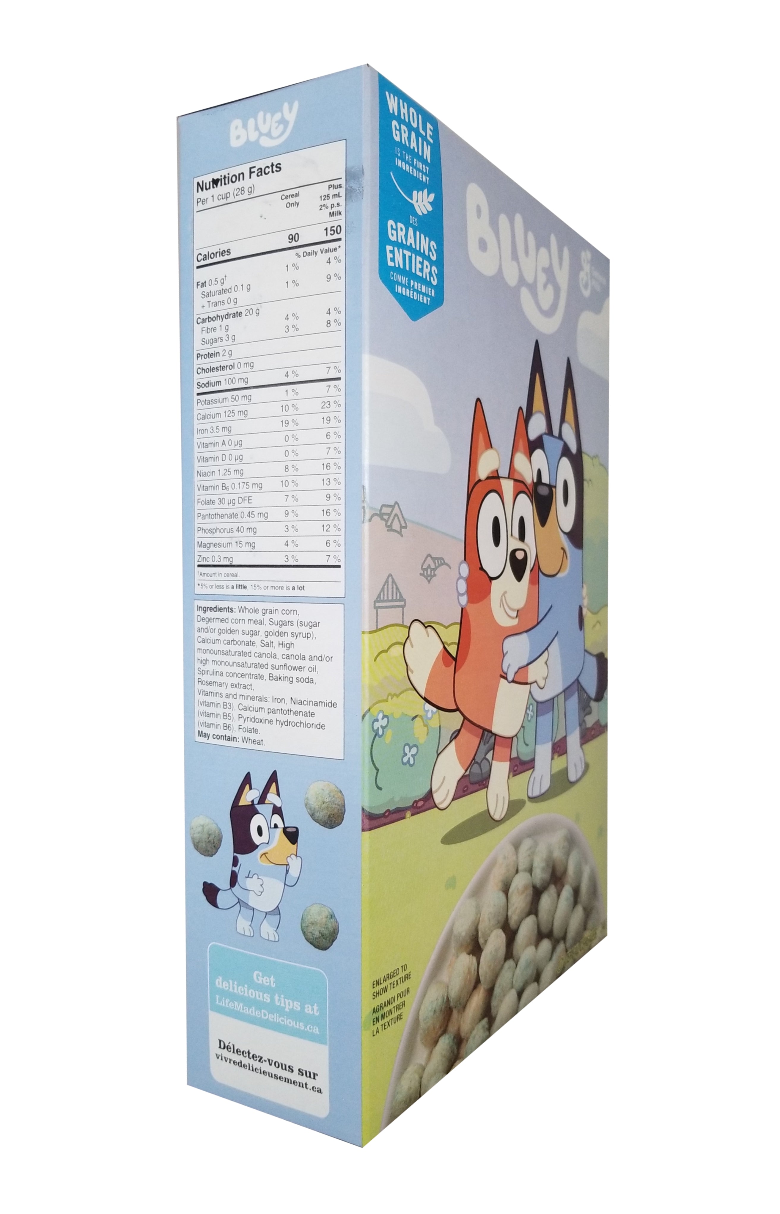General Mills Bluey Cereal, 340g/12 oz, Left Side - Cereal box with cartoon fox character on a white background