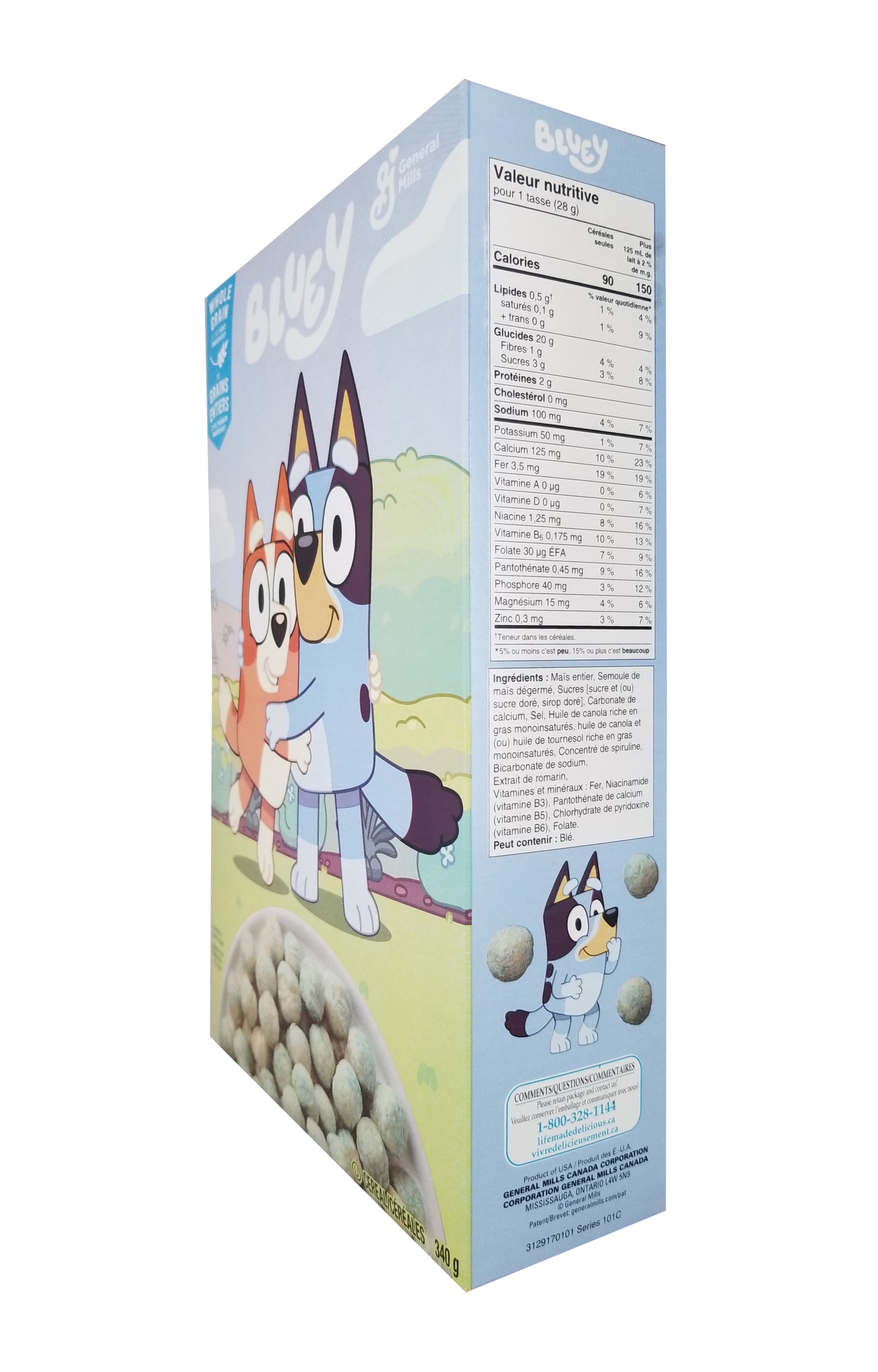 General Mills Bluey Cereal, 340g/12 oz, Right Side - Cereal box with cartoon character on a white background
