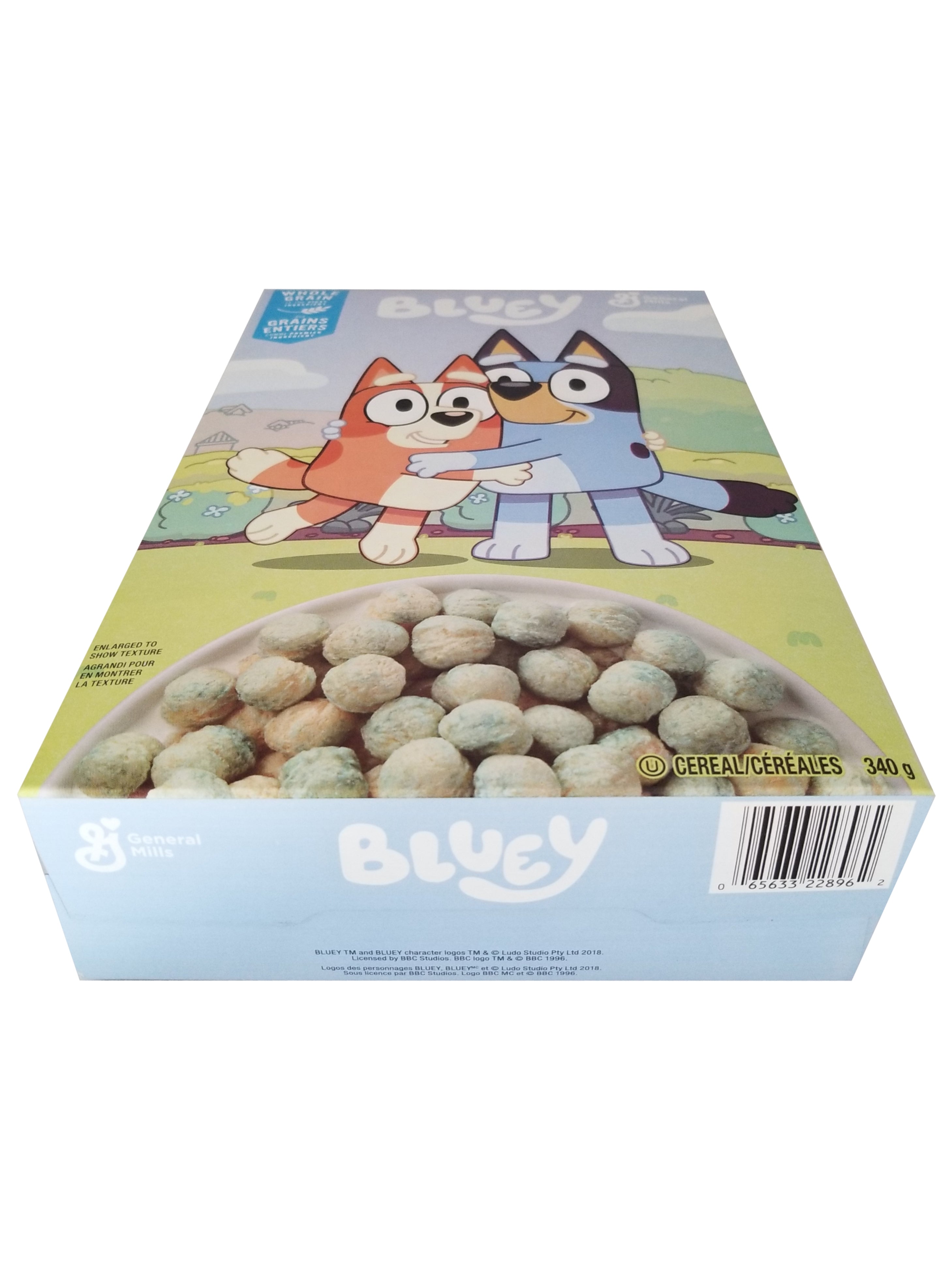 General Mills Bluey Cereal, 340g/12 oz, Bottom - Cereal box with cartoon characters and a bowl of cereal on a white background