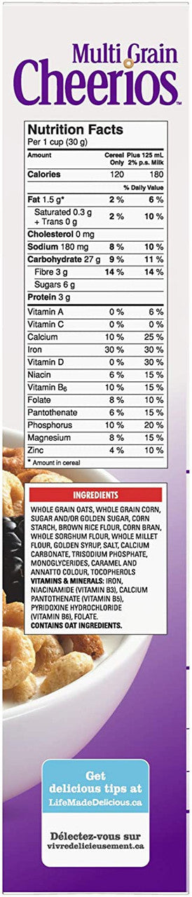 General Mills,Cheerios Multi-Grain Cereal, 342g/12.1oz Box Nutrition Facts