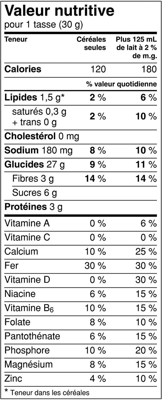General Mills,Cheerios Multi-Grain Cereal, 342g/12.1oz Nutrition Facts Label In French