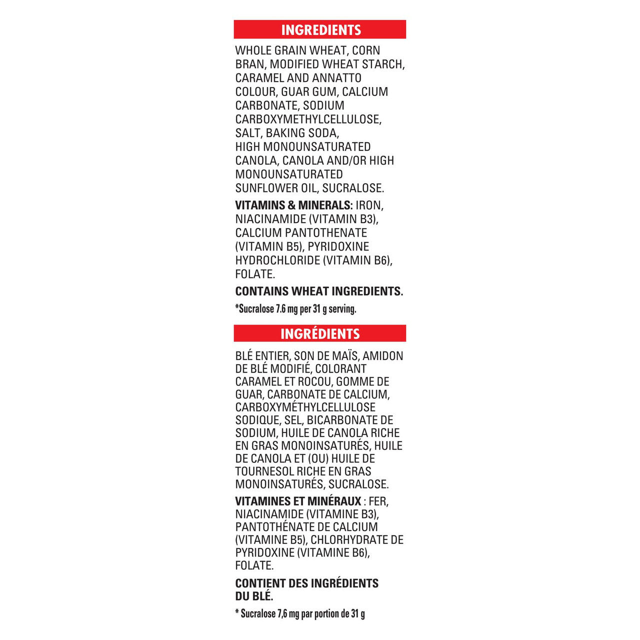 General Mills, Fibre 1 Crunchy Original Cereal, 587g/20.5 oz., Box Ingredients