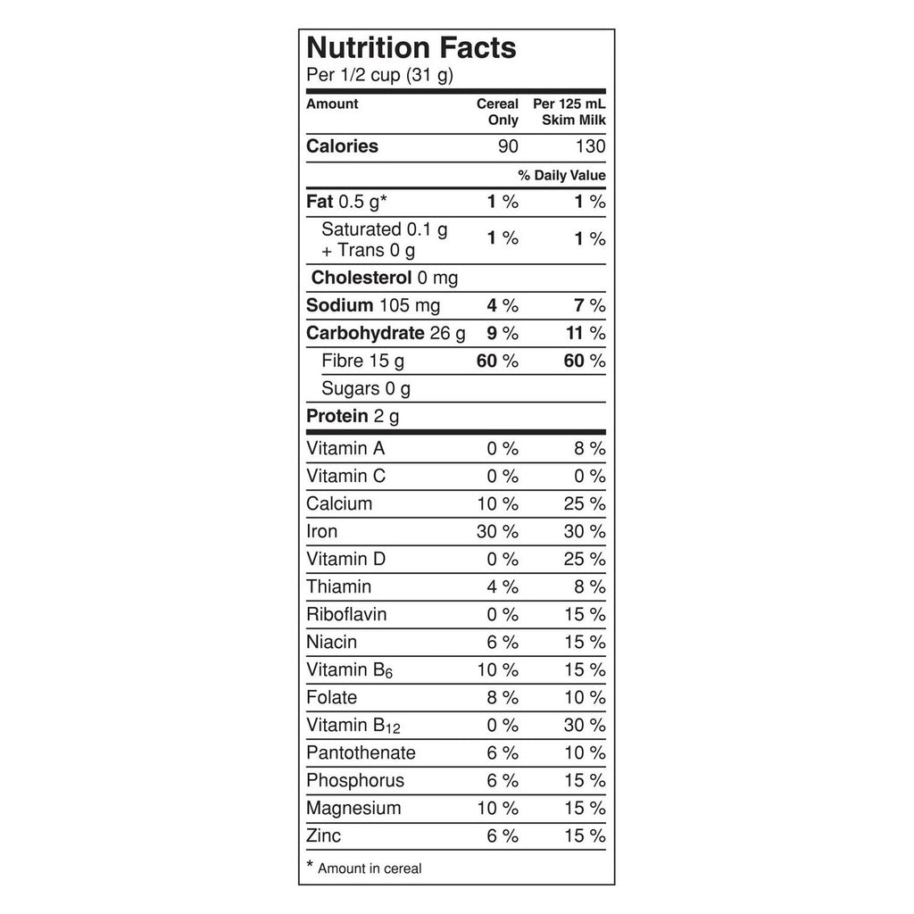 General Mills, Fibre 1 Crunchy Original Cereal, 587g/20.5 oz., Box Nutrition Facts