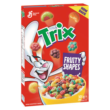 General Mills, Trix Fruity Shapes Cereal, 303g/10.7oz Box Left Angle