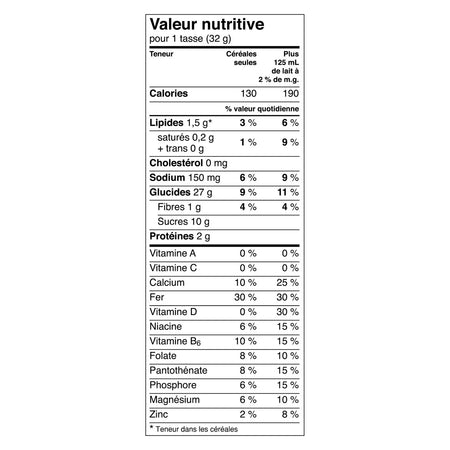 General Mills, Trix Fruity Shapes Cereal, 303g/10.7oz Box Nutrition Facts Label In French